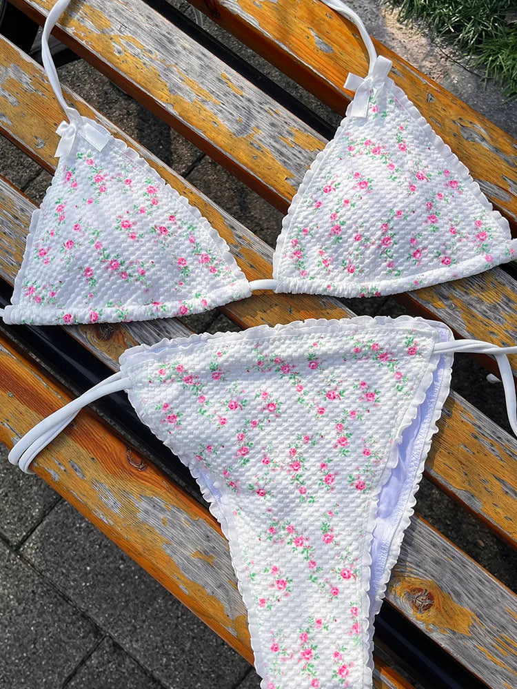 Bandage Bikini Sets Halter Swimwear Sexy Swimsuit Women Bow Bikinis Low Waist Bathing Suits Print Biquini Triangle Beachwear