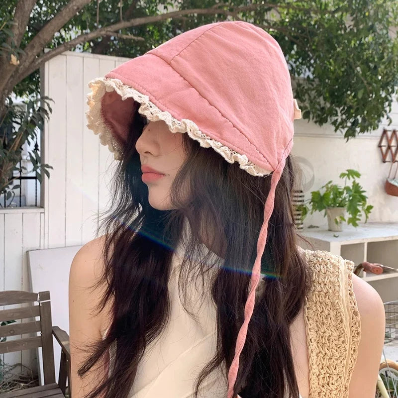 Japanese Retro Y2K Lace Edge Loli Hats for Women Spring and Summer Travel Photo Versatile Sunscreen Sweet Strap Sun Hat