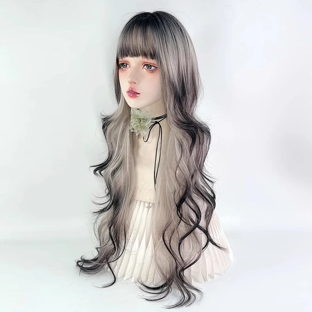 Black Ombre Beige long Synthetic Wavy Wig with Bangs Fluffy Lolita Cosplay Heat Resistant Wig for Daily Party