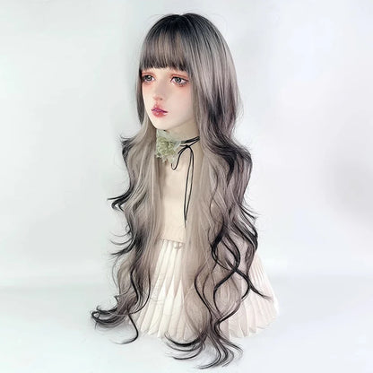 Black Ombre Beige long Synthetic Wavy Wig with Bangs Fluffy Lolita Cosplay Heat Resistant Wig for Daily Party