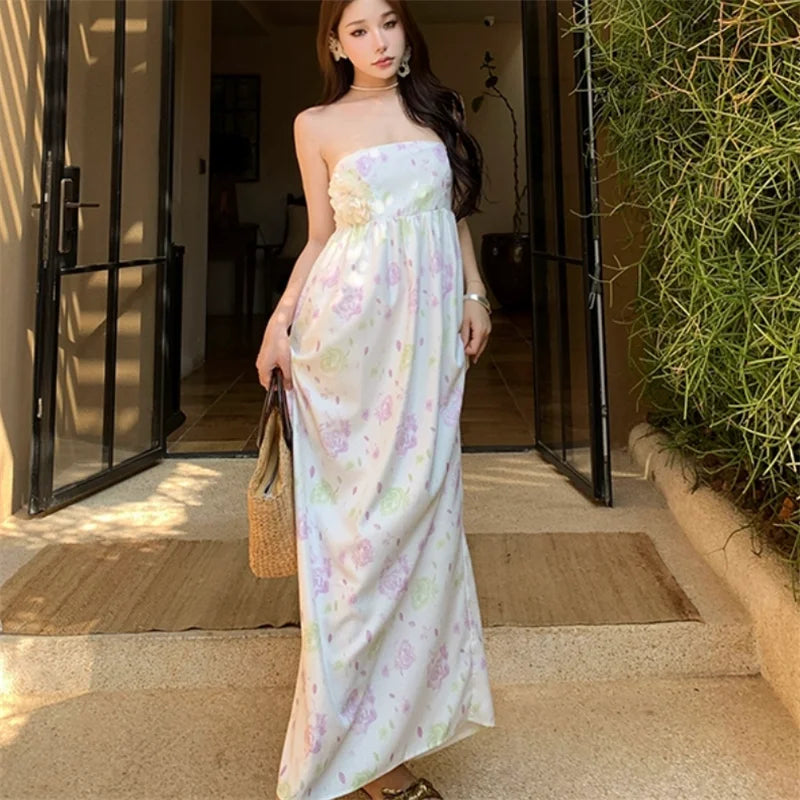 New Summer Holiday Beach Fashion Flower Dress Strapless Women Slash Neck Long Dress Floral Print Sleeveless Resort Seaside Dress