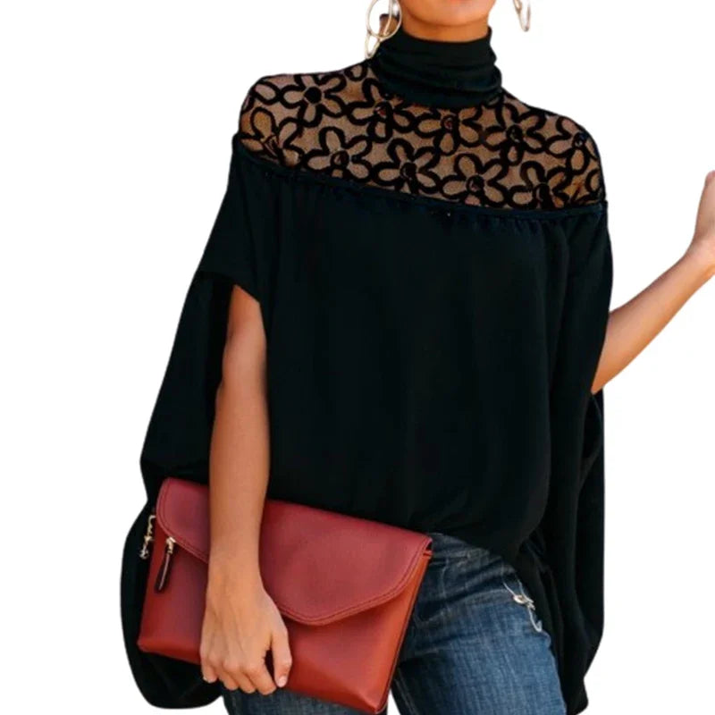 Female Elegant Embroidered See-Through High Neck Tops New Spring Summer Solid Color Loose Casual Fashion T-Shirts