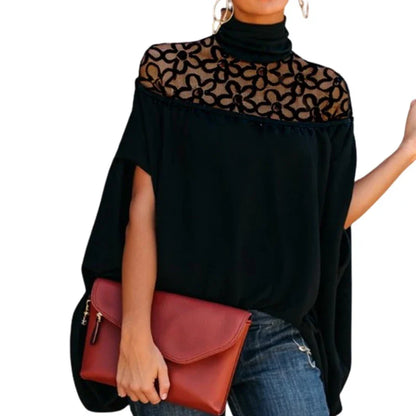 Female Elegant Embroidered See-Through High Neck Tops New Spring Summer Solid Color Loose Casual Fashion T-Shirts