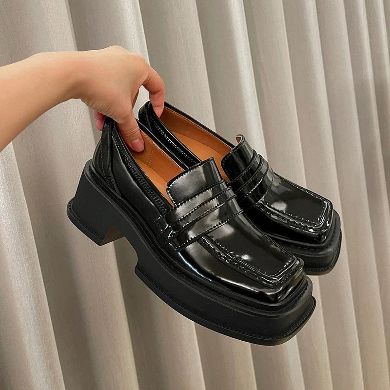 Slip On Loafers 6 CM Med Bottom Creepers Square Toe Platform Casual Shoes Vulcanized Footwear Cow Leather Loafer Shoes