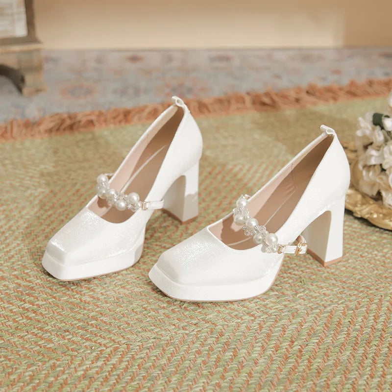 Velvet Shoes Med Square Toe Block Heels High Heeled Sandals Woman Mary Jane Espadrilles Platform Suede Medium Wedding Chunk