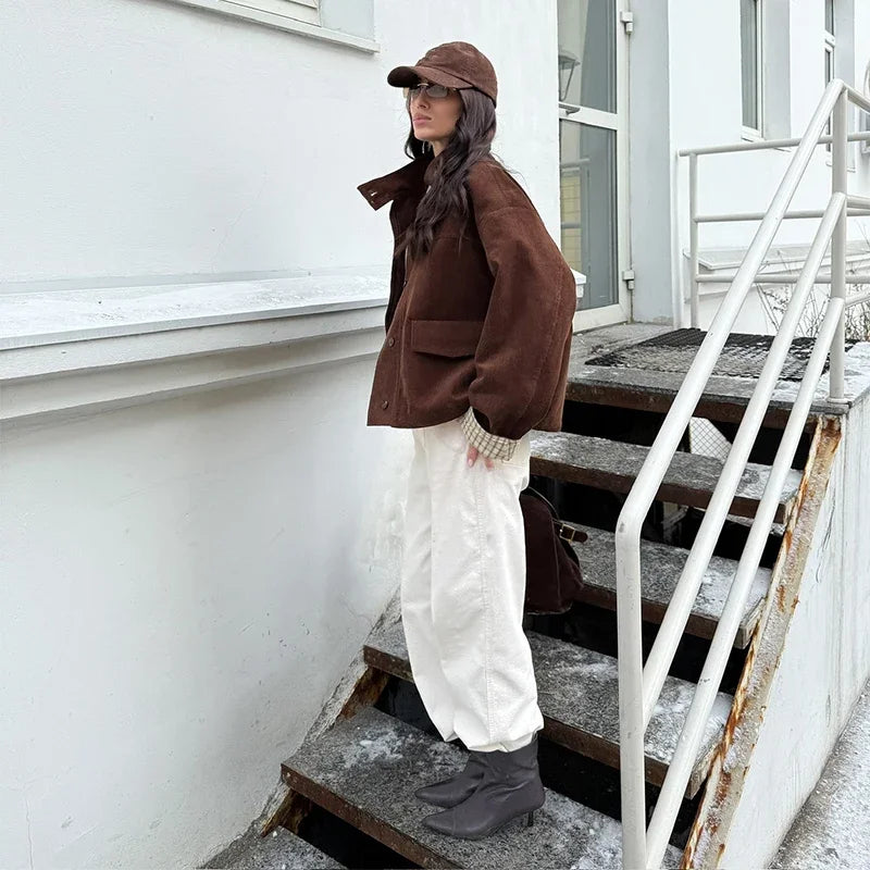 Autumn Chic Plaids Linen Solid Corduroy Coats Elegant Female Stand Collar Zipper Long Sleeves Jacket Fashion Lady Street Outwear