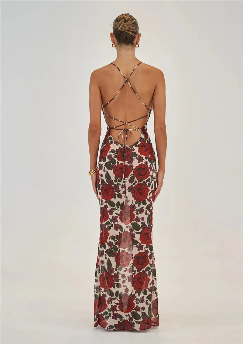 Floral Print Deep V Spaghetti Strap Bodycon Maxi Dress