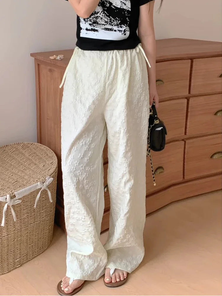 Casual South Korea Chic Spring Design Lace Up Bow High Waist Versatile Jacquard Casual Straight Pants Trousers Women