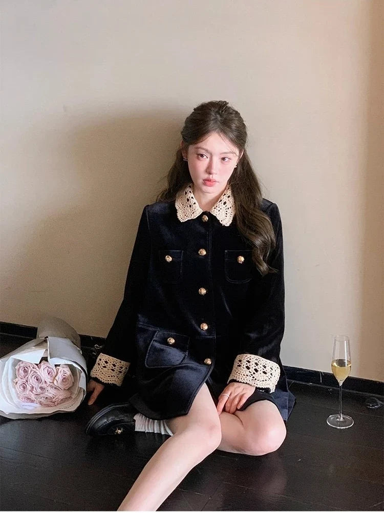 Winter Kawaii Japanese Fashion Wool Lapel Lace Velvet Women Coat Sweet 2000s Vintage Cute JK Preppy Style Chic Casual Outerwears