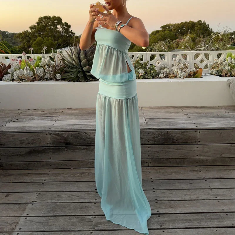 Fashion Hight Waist Vacation Long Dress Elegant Off Shoulder Suspenders Dress Women's Sexy Sleeveless Mesh Patchwork Solid Gowns