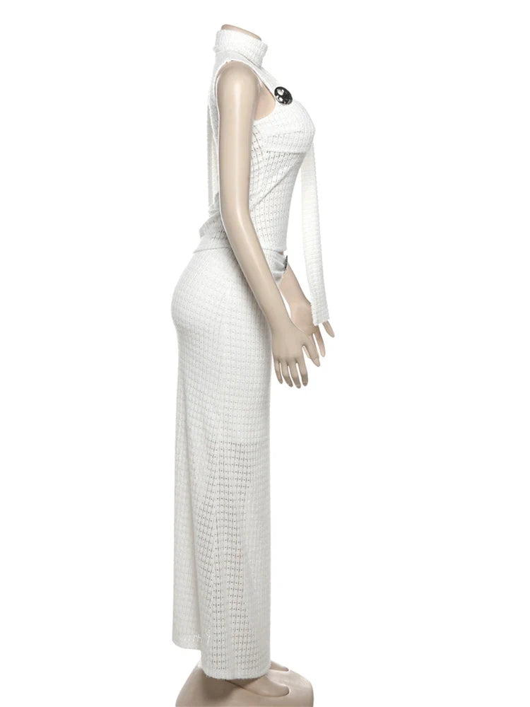 Elegant Sequined Patchwork 3 Piece Set Women Basic Scarf+Square Collar Tank Tops+Ruched Long Skirt Matching Trend Suits