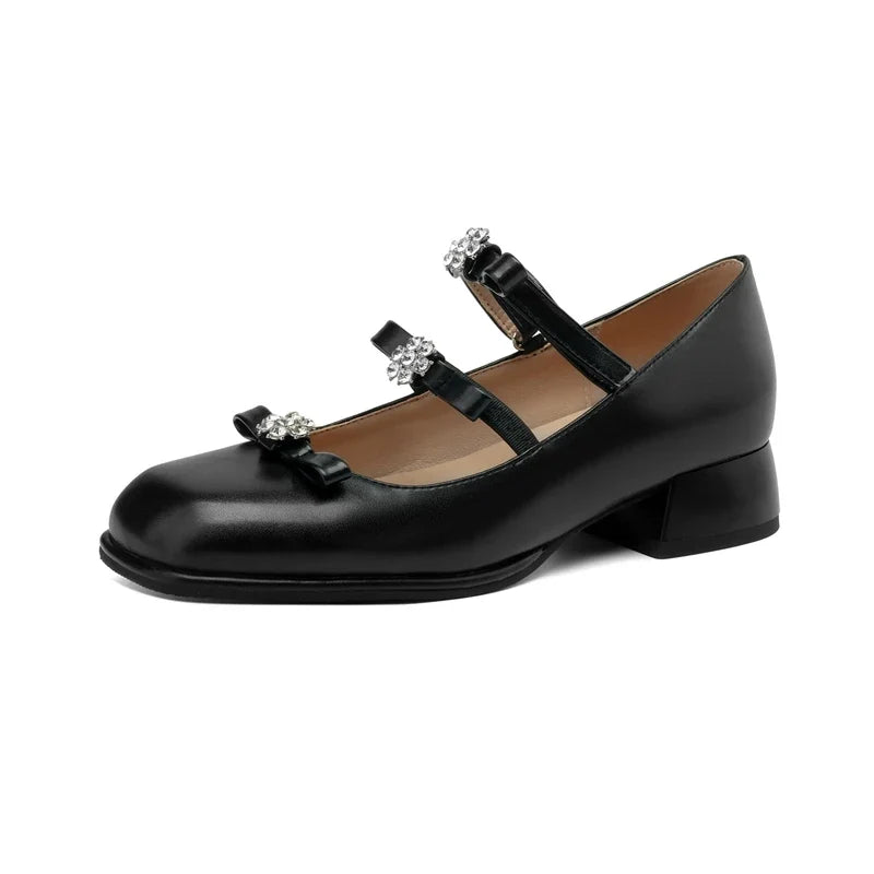 Women's New Spring and Autumn Round Head Bow with Diamond Flower Belt Buckle Middle Heel Large Mary Jane Single Shoes