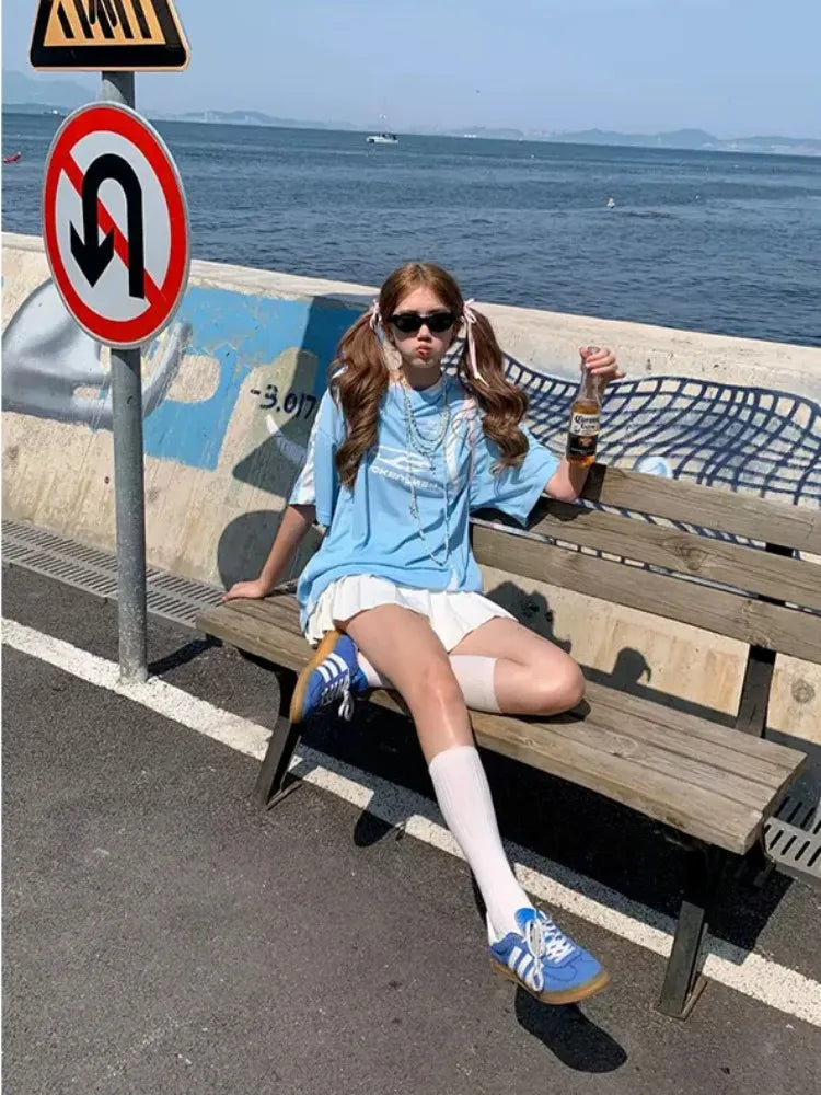 Y2k Blue Contrast Oversized T Shirt Sport Short Sleeve V-neck Tops American Retro Patchwork Design Women Clothes Summer