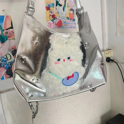 Vintage Y2k Womens Tote Bag Cute Bunny Patchwork Silver Fashion Shoulder Bag Pu Leather Large Capacity New Casual Backpack