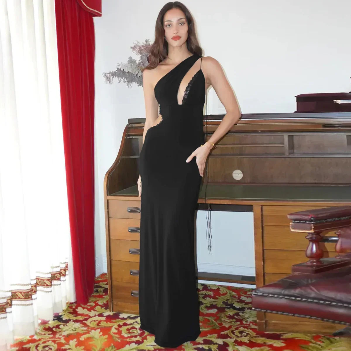 One-Shoulder Teardrop Cutout Waist Cutout High Slit Bodycon Maxi Dress