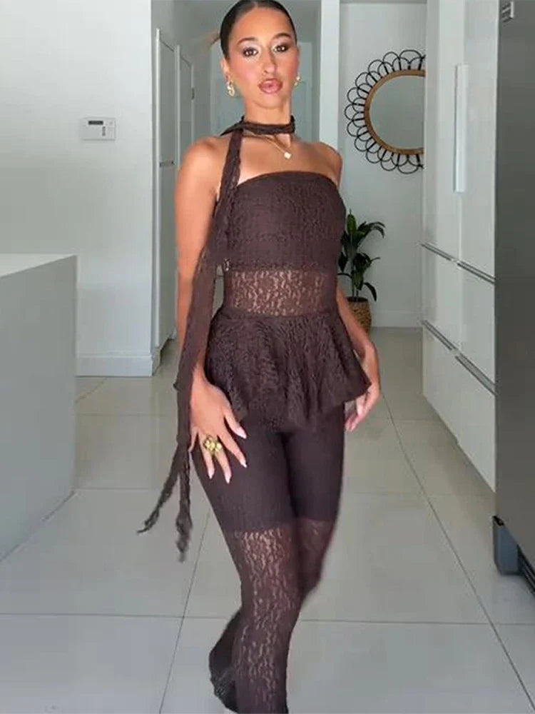 Sexy Lace See Through Pant Set Women Brown Strapless Sleeveless Scarf Tank Flare Long Trousers 2025 Summer Lady Slim Outfits