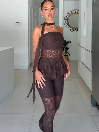 Sexy Lace See Through Pant Set Women Brown Strapless Sleeveless Scarf Tank Flare Long Trousers 2025 Summer Lady Slim Outfits