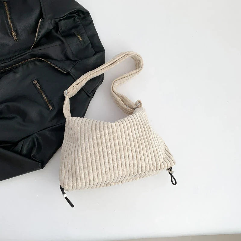 Beige Corduroy Bag For Women Simple Shoulder Bag Versatile Shopper Underarm Handbag Purse Zipper Small Messenger Bag Travel