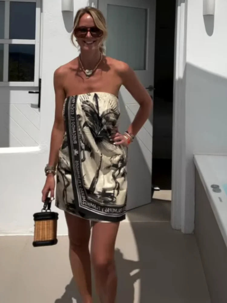 Detachable Halter Strapless Dress Drooping Floral Baggy Fashion Backless Vacation Beach Women's Suspender Print Short Dresses