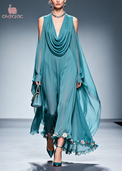Cowl Neck Cold Shoulder Cape Sleeve Floral Appliqué Wide-Leg Jumpsuit