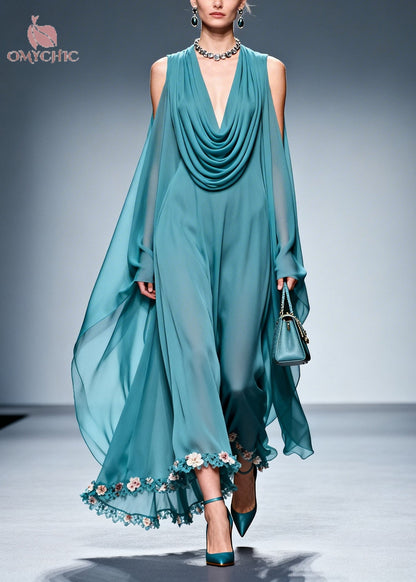 Cowl Neck Cold Shoulder Cape Sleeve Floral Appliqué Wide-Leg Jumpsuit