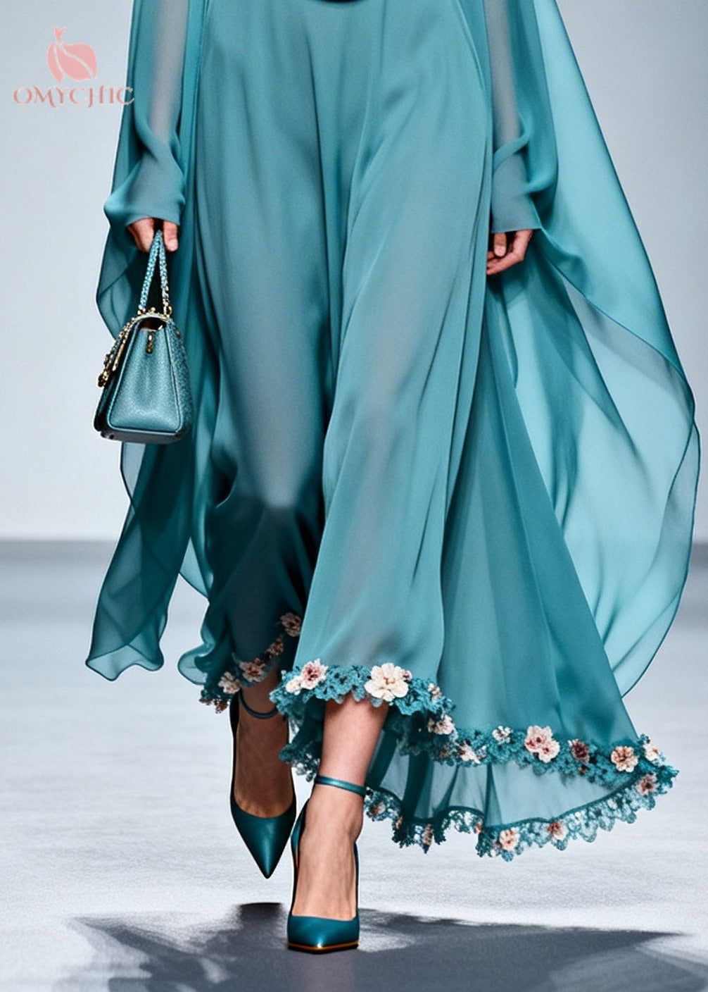 Cowl Neck Cold Shoulder Cape Sleeve Floral Appliqué Wide-Leg Jumpsuit