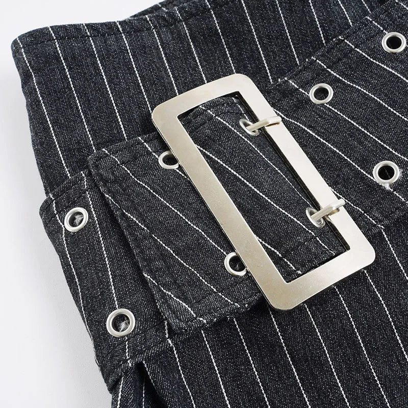 Y2K Striped Denim Shorts Women Summer Streetwear Sexy Hot Pants Metal Eyelet Belt Short Jeans Casual Party Club Outfits