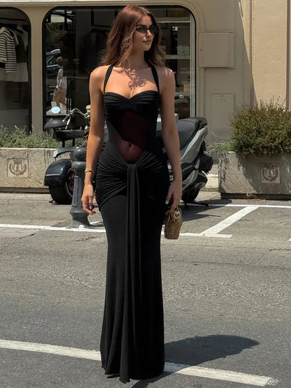 Puss Mesh Patchwork Dress Women Summer Trend Halter Off Shoulder Backless Ruched Ribbon Midnight Prom Party Hipster Dress