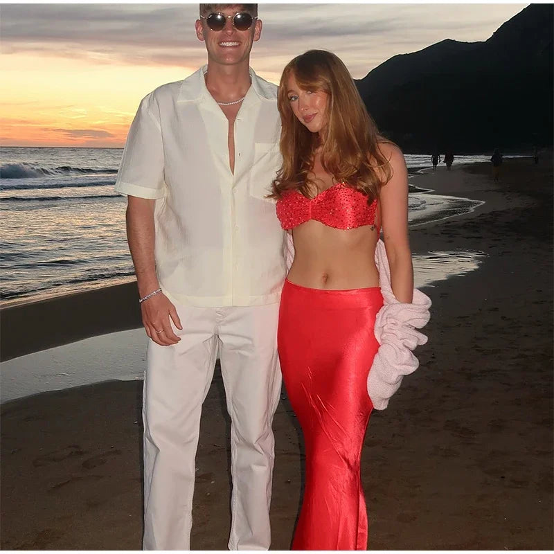 Sexy Sequined Bikini Top Skirt Sets Women Halter Lace Up Backless Crop Top Hip Package Long Skirts 2025 Summer Lady Beach Suits