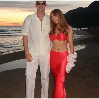 Sexy Sequined Bikini Top Skirt Sets Women Halter Lace Up Backless Crop Top Hip Package Long Skirts 2025 Summer Lady Beach Suits