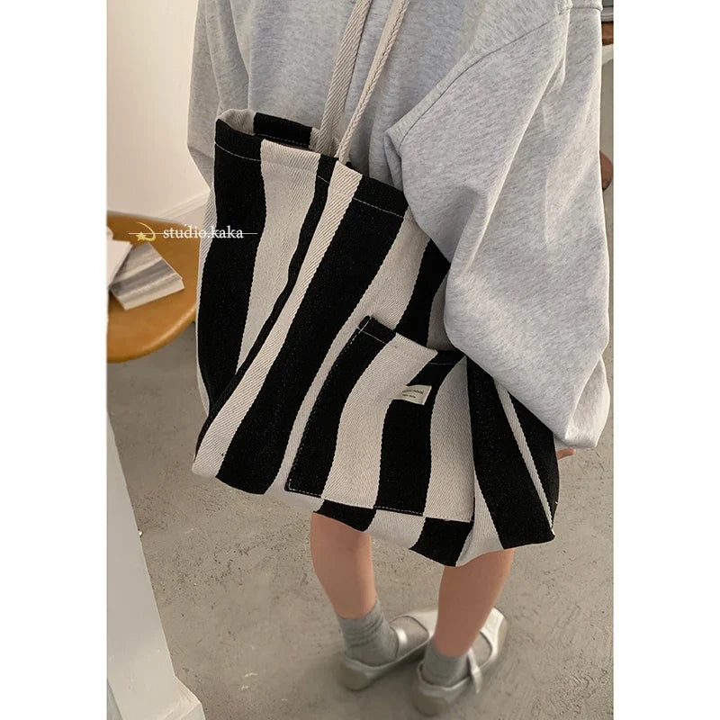 Checkered Canvas Bag for Women Korean Tote Casual Large Capacity Student Shopping Bags