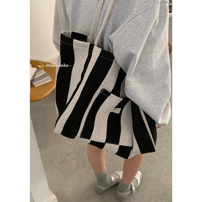 Checkered Canvas Bag for Women Korean Tote Casual Large Capacity Student Shopping Bags