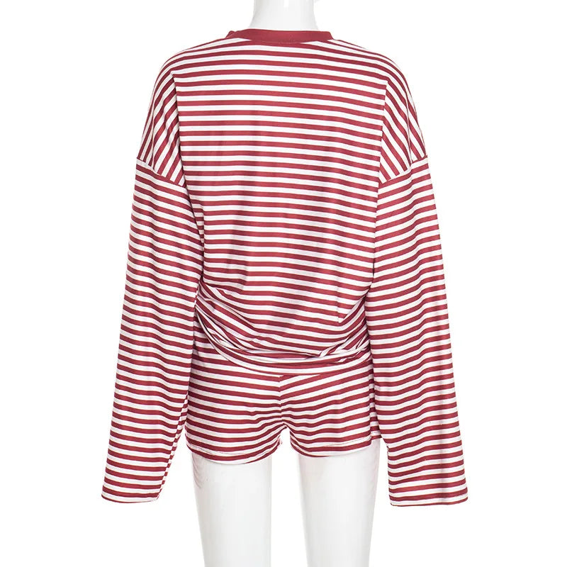 Autumn Striped Women Casual 2 Piece Set Tracksuits O Neck Long Sleeve Loose T-shirts Tops + Drawstring Shorts Home Suits