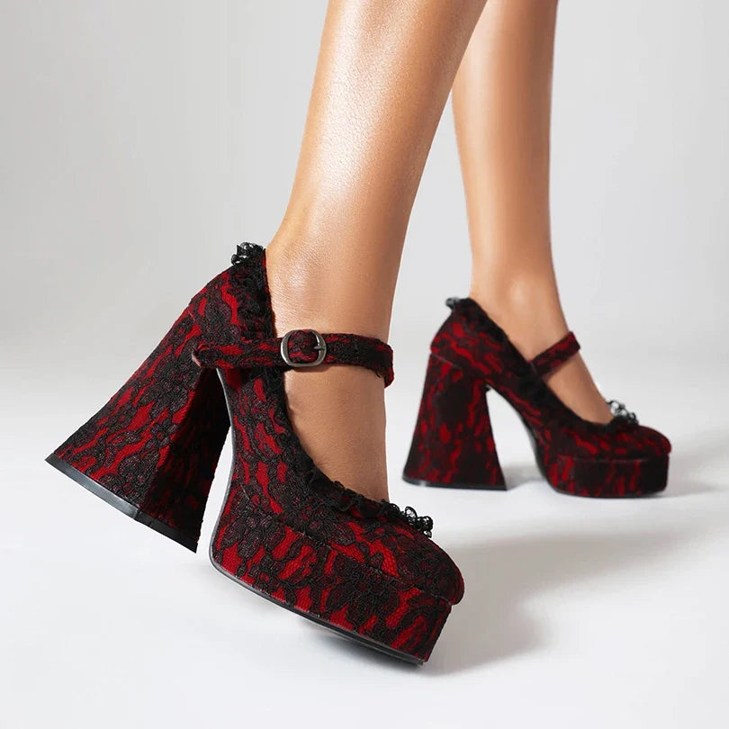 Lace Printed Fabric Platform Ultra-High Conical Heel Shallow Fashion High Heels Buckle Floral Fabric Elegant And Sexy Pumps