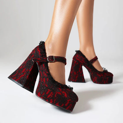 Lace Printed Fabric Platform Ultra-High Conical Heel Shallow Fashion High Heels Buckle Floral Fabric Elegant And Sexy Pumps