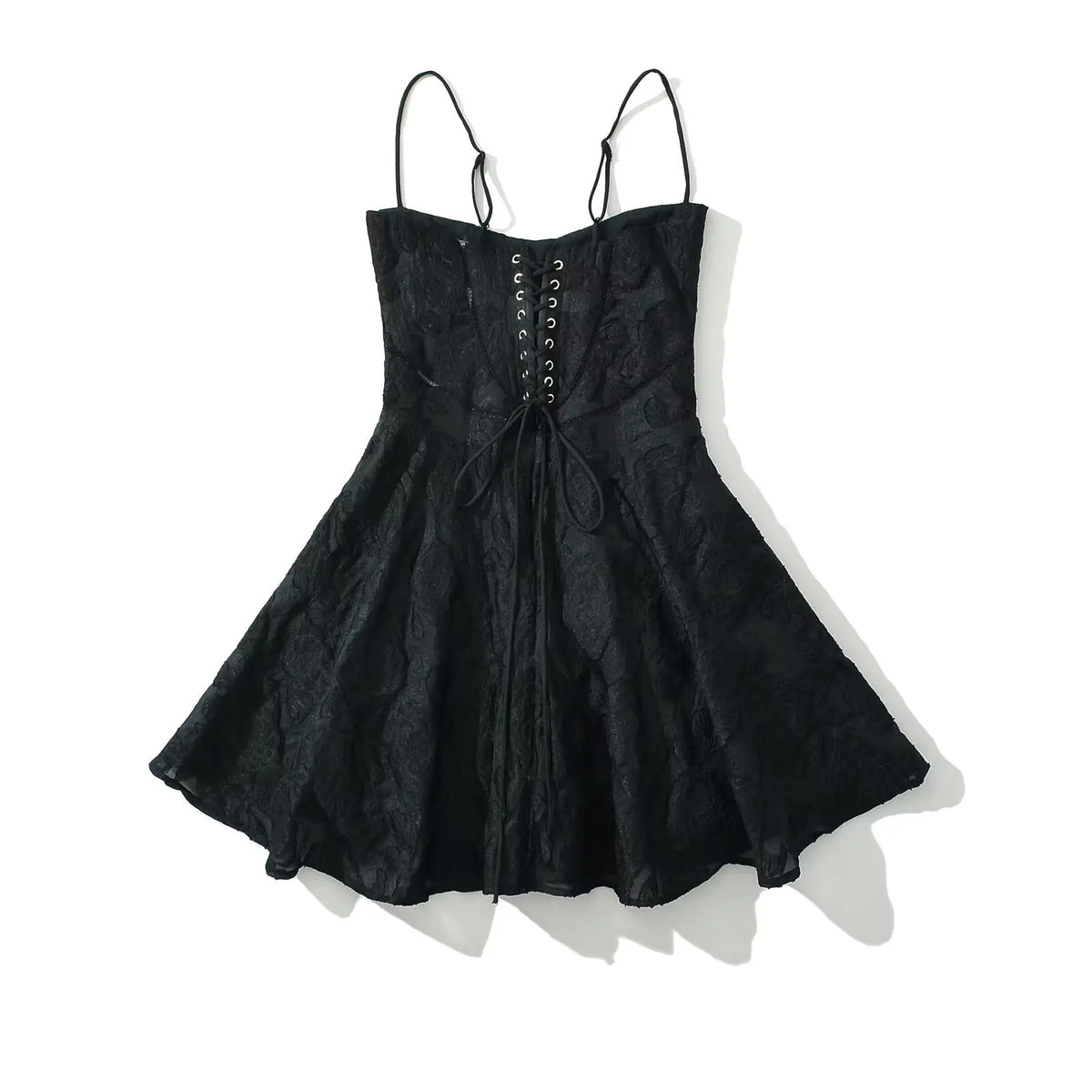 Vintage Jacquard Sling Sexy Dress For Women Thin Straps O Neck Low Waist A-line Mini Dresses Female Lace Up Back Summer Robe