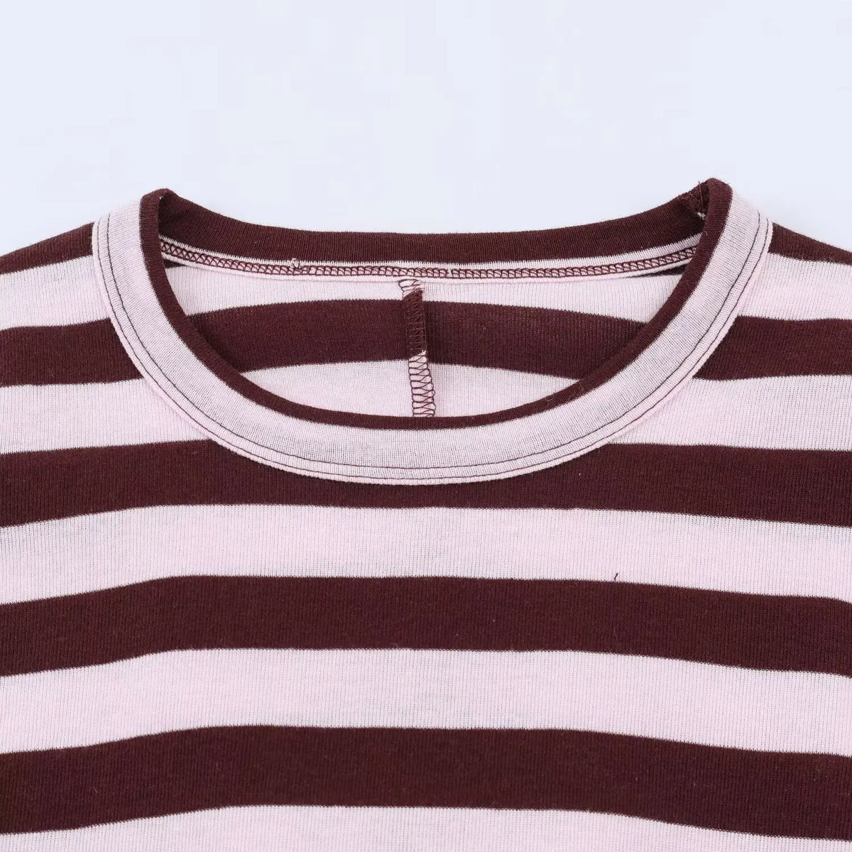 Women's Spring Fashion Versatile Round Neck Striped Short Pullover Top Female Elegant High Street Casual Long Sleeve Top