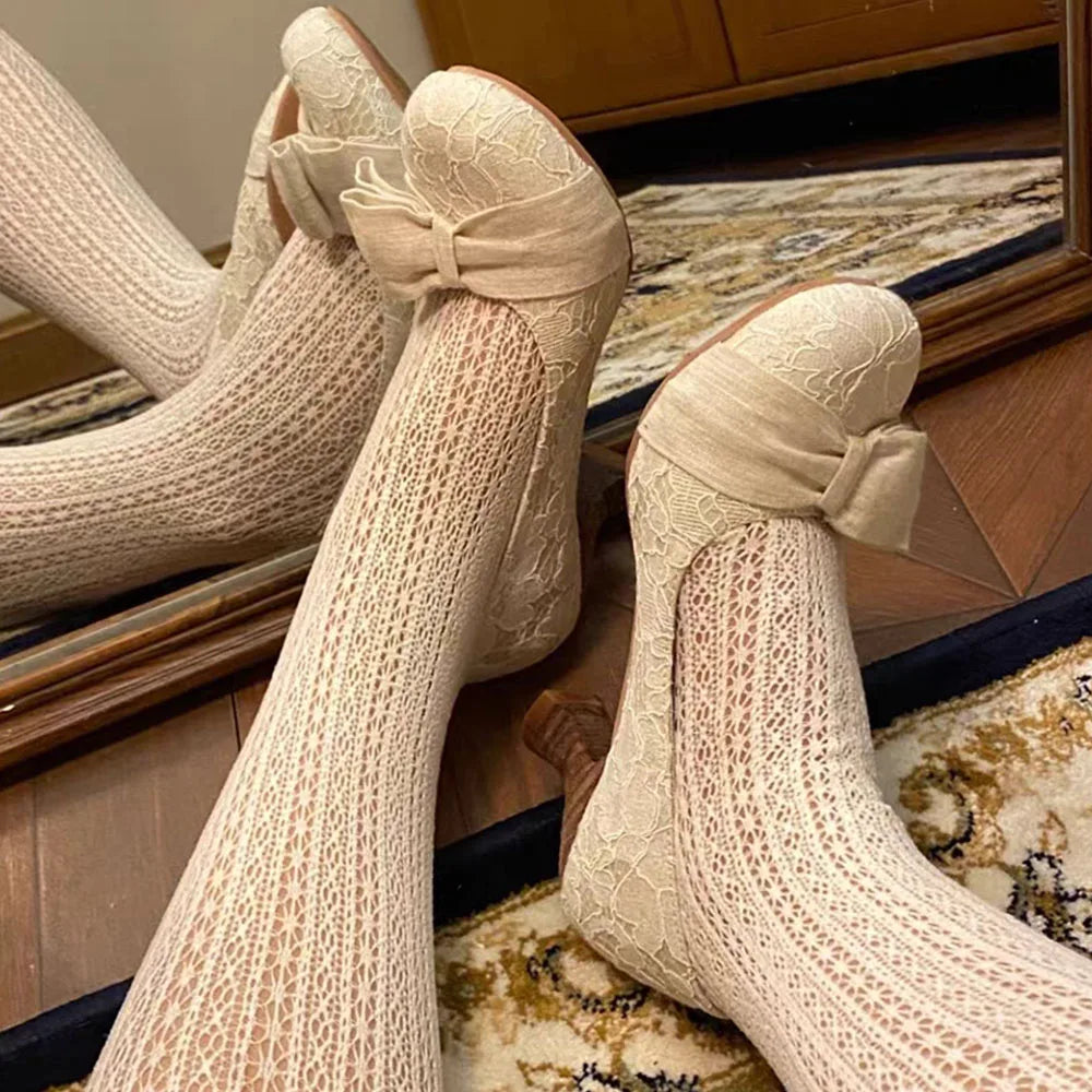 Spring New Round Toe Lace Bow High Heel Mary Janes Pumps Kitten Heel Sweet Walking Comfy Women Pumps Party Daily Shoes