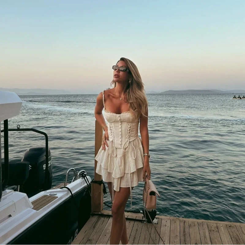 Women Sexy Backless Sleeveless Layer Ruffles Hem Dresses Bandage Chest Wrapped A-line Mini Dress Summer Lady Vacation Beach Wear