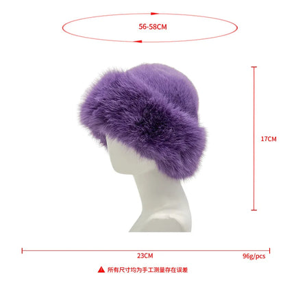 Winter Faux Fox Fur Bucket Hats For Women Soft Thickened Plush Fisherman Hat Outdoor Windproof Warm Beanies Caps Ski Panama Cap