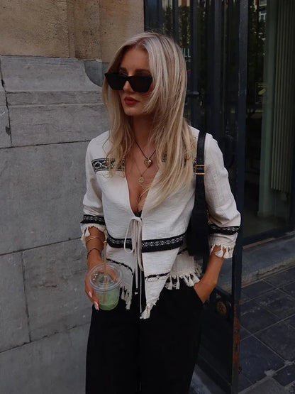 Tassel Casual Loose Apricot Blouse Top Summer Autumn 3/4 Sleeve Tie Up Holiday New Blusa Mujer 2024 V Neck Top