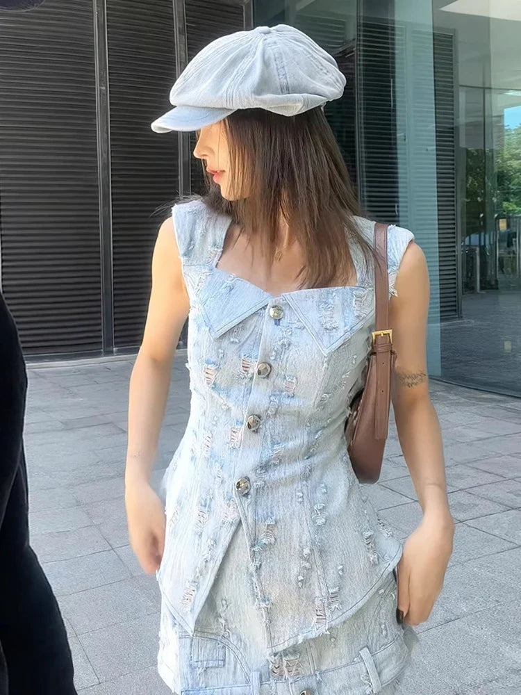 American Spice Girls Denim 2-Piece Set Women's Summer New High Quality Rapped Square Neck Slim Top Vest+A-Line Shorts Suit