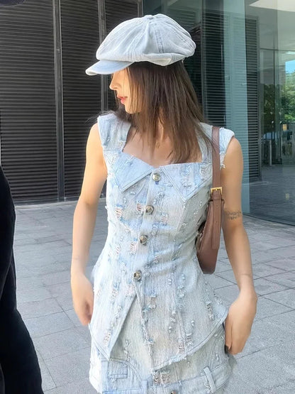 American Spice Girls Denim 2-Piece Set Women's Summer New High Quality Rapped Square Neck Slim Top Vest+A-Line Shorts Suit