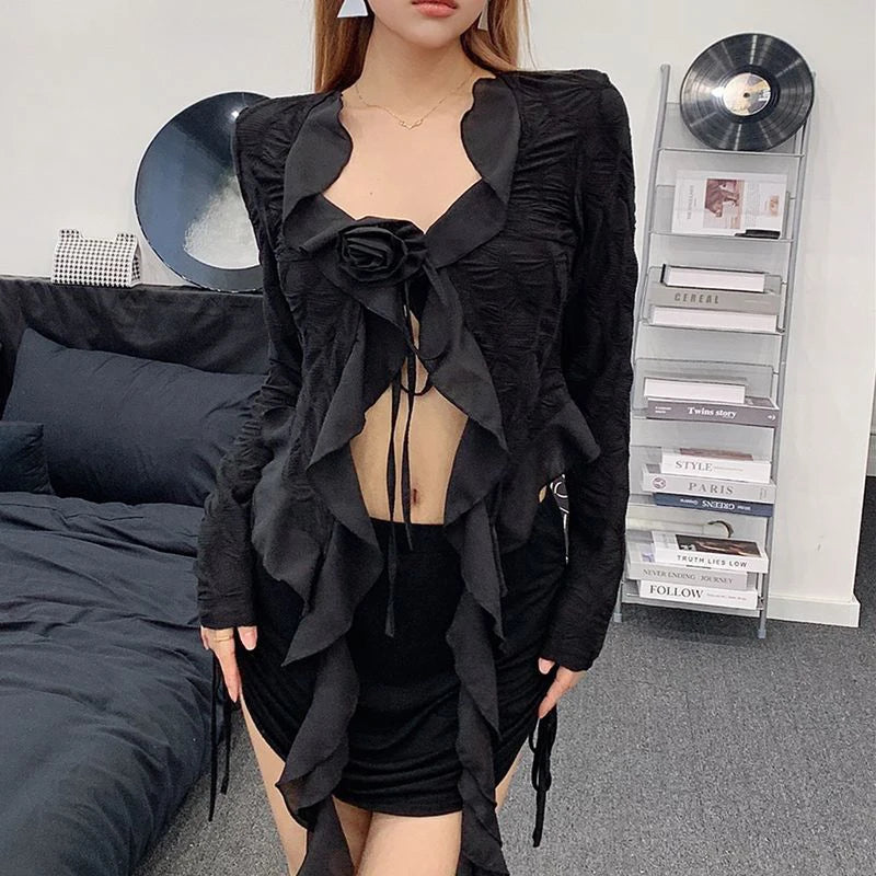 Y2K Irregular Black Shirts Women Harajuku Sexy Cropped Ruffles Flower Blouses Summer Gyaru Gothic Lace Up Long Sleeve Tops New