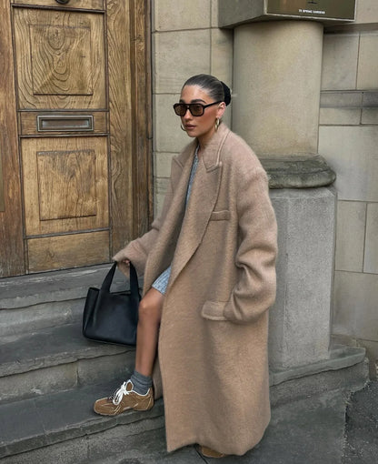 Classic Fashion Solid Oversized Cashmere Overcoats Women's Elegant Lapel Pockets Long Sleeve Jackets Chic Female Streetwear