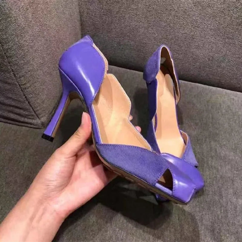 Vintage Square toe Patchwork Hollow out Women Pumps Spring Summer Fashion Patent Leather Slip-on Thin High heels Party Shoes