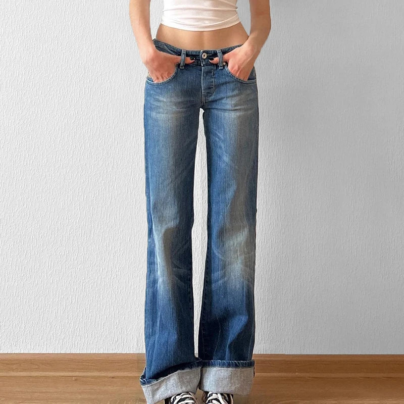 Casual Washed Stright Leg Denim Trousers Fashion Long Jeans Lady Basic Low Rise Daily Bottoms Street Style Capris New