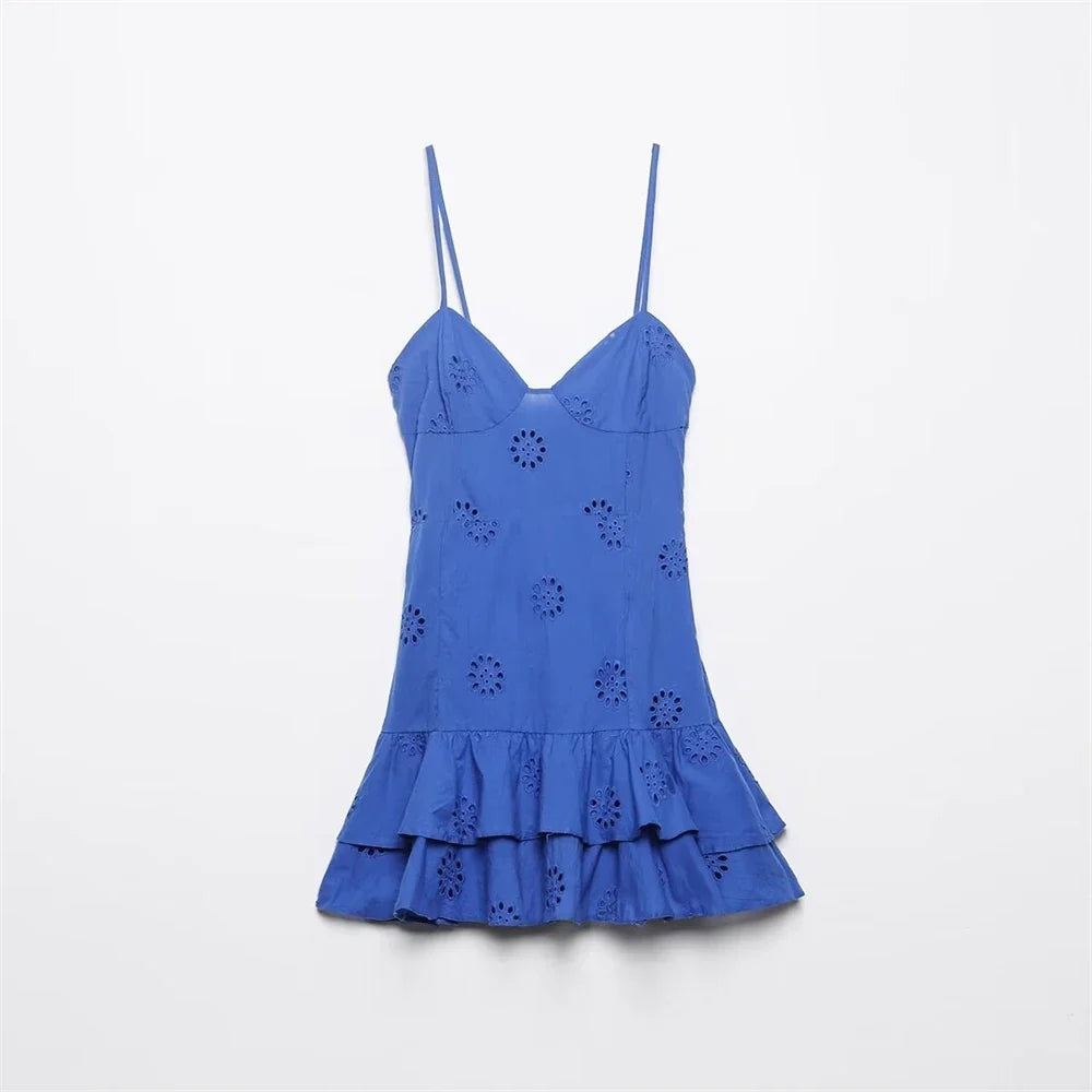Women's Summer New Sexy Sling V-neck Layered Decoration Hollow out Embroidery Layered Ruffle Edge Short Dress