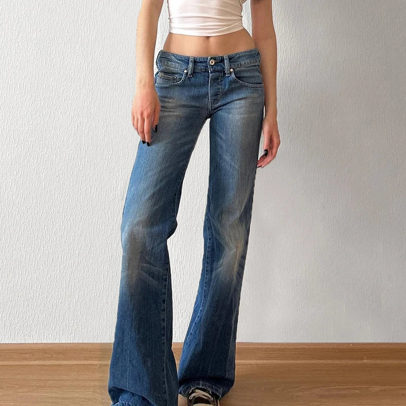 Casual Washed Stright Leg Denim Trousers Fashion Long Jeans Lady Basic Low Rise Daily Bottoms Street Style Capris New