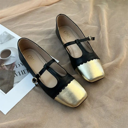 T-strap Mary Janes Shoes for Women Pu Leather Ptachwork Elegant Flats Shoes Spring Autumn Square Toe Loafers Female Shoes